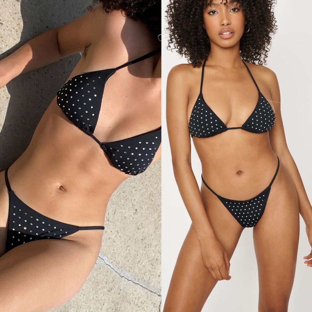 GARAGE Black Rhinestone Bikini Triangle Top Cheeky Bottom